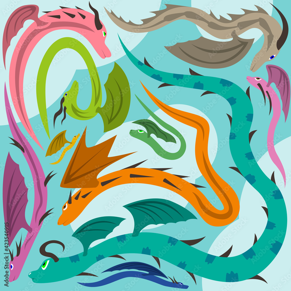 Fototapeta premium A set of colored dragons on a background of blue sky with clouds. Wallpaper on the wall in the children's room and for other purposes.