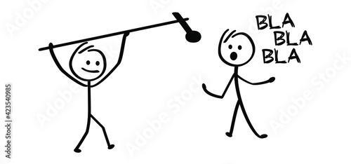 Stickman with microphone, thinking news or fake. Funny comic cartoon stick figures man, Slogan positive motivation. False disinformation. Stand up comedy. Speaker telling story to audience. 