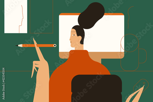 Stay at home. Graphic designer and tired work. Vector illustration flat design. Use in Web Project and Applications.
