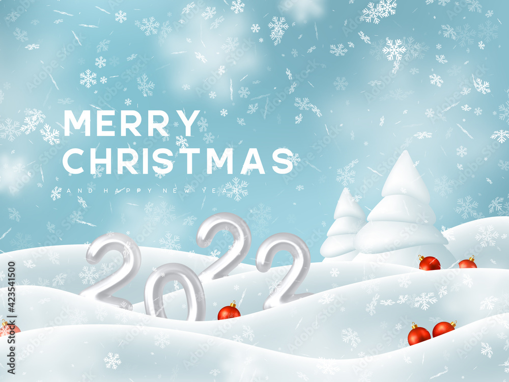 2022 New Year sign. 3d metallic numbers, falling snowflakes with snowdrifts, fir tree and decorative red balls. Winter snowy and Christmas background. Vector illustration.