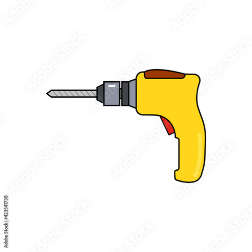 Portable electric hand drill drawing with bit. Yellow power drill icon. Outline and line isolated vector cartoon clipart on white blank background.

