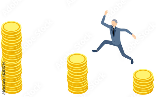 金貨から金貨にジャンプするビジネスマン、ビジネスシーンのイメージ、アイソメトリック