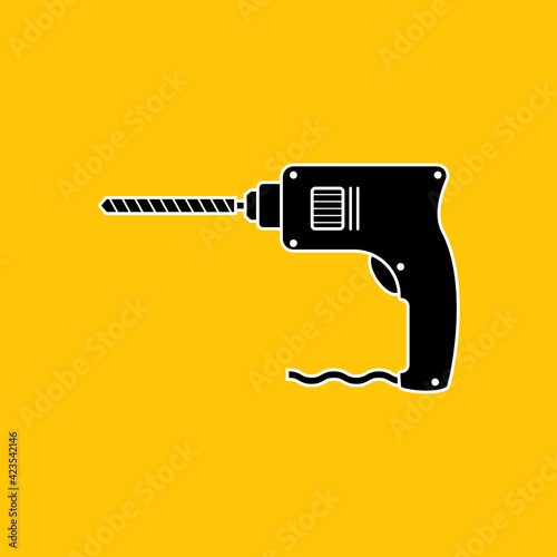 Portable electric hand drill silhouette drawing with bit. Black and white power drill icon. Vector cartoon clipart on yellow blank background.