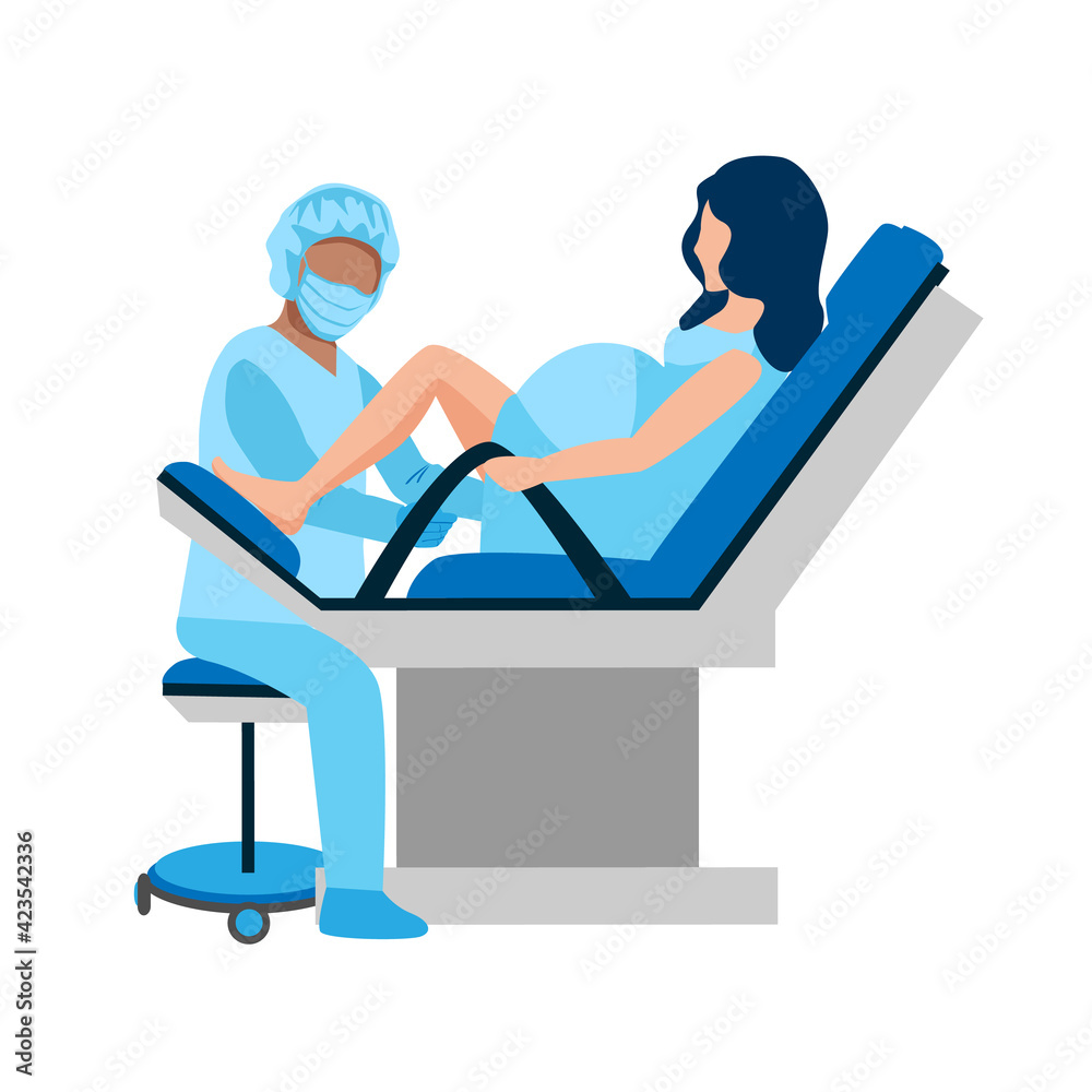 A woman in a maternity hospital struggles to give birth to a child and an obstetrician helps her. Vector illustration of childbirth isolated on white background.