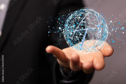 Businessman using data network with his fingers.