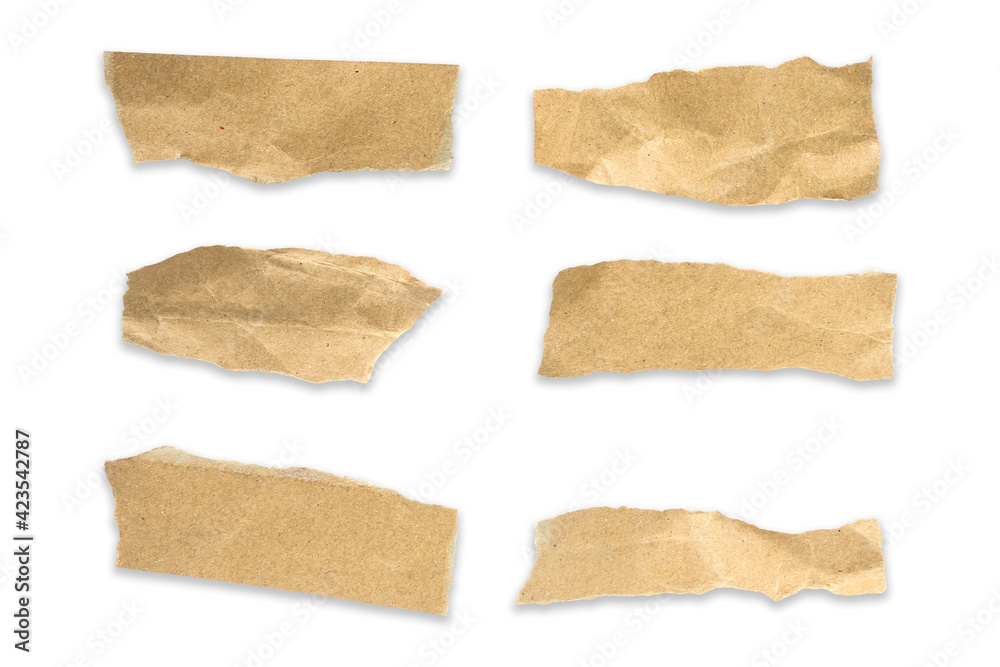 Recycled paper craft stick on a white background. Brown paper torn or ripped pieces of paper isolated on white background on with clipping path.