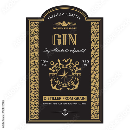 template gin label with anchor and yacht helm in retro style