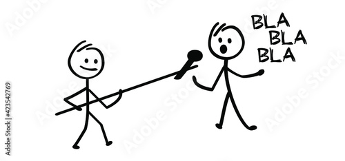 Stickman with microphone, thinking news or fake. Funny comic cartoon stick figures man, Slogan positive motivation. False disinformation. Stand up comedy. Speaker telling story to audience. 