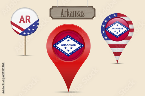 Arkansas US state round flag. Map pin, red map marker, location pointer. Hanging wood sign. Vector illustration