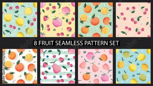 Seamless pattern set with fruits and blossom. Sweet summer background collection for textile, fabric, decorative paper. Vector
