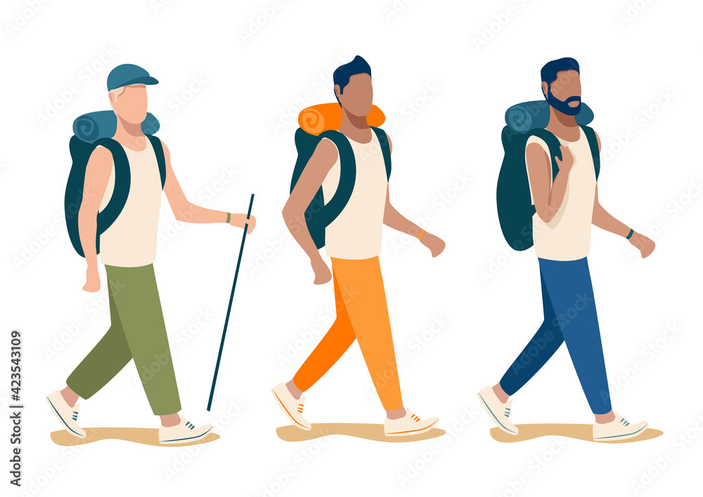 Vector set of young men with backpacks going on a hike. Travel and active people isolated on white background.