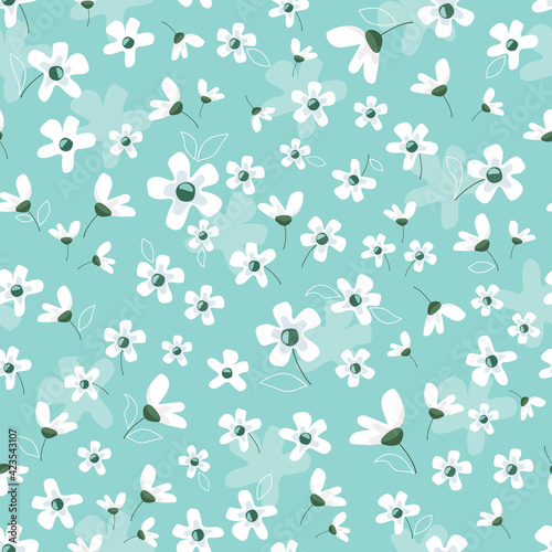 Floral blossom seamless pattern. Spring pastel blue background. Vector