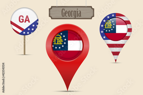 Georgia US state round flag. Map pin, red map marker, location pointer. Hanging wood sign. Vector illustration