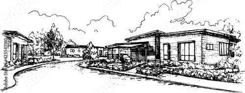 modern house street view sketch monochromatic freehand perspective drawing 