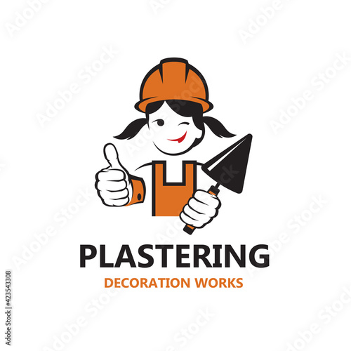 icon of lady plasterer in safety helmet with trowel in hand isolated on white background