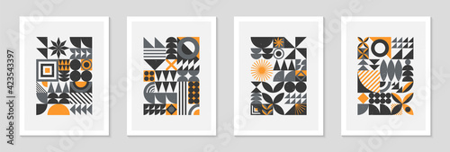 Bundle of abstract bauhaus geometric pattern backgrounds.Trendy minimalist geometric designs with simple shapes and elements.Mid century modern artistic vector illustrations.Scandinavian ornaments.