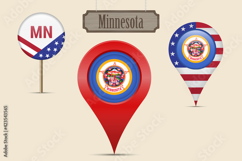 Minnesota US state round flag. Map pin, red map marker, location pointer. Hanging wood sign. Vector illustration