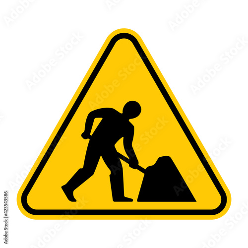 Under construction warning road sign. Vector illustration of yellow triangle sign with working man icon inside. Road work traffic sign. Dangerous area for driver. Caution symbol.