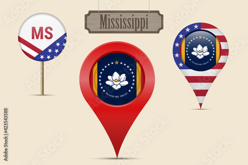 Mississippi US state round flag. Map pin, red map marker, location pointer. Hanging wood sign. Vector illustration