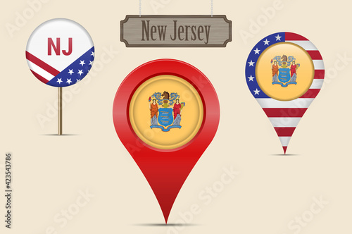 New Jersey US state round flag. Map pin, red map marker, location pointer. Hanging wood sign. Vector illustration