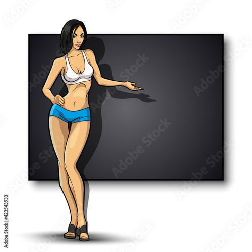 Slim girl on the background of an empty banner. Sexy woman in front of school board. Elegant lady on the background of pure advertising poster