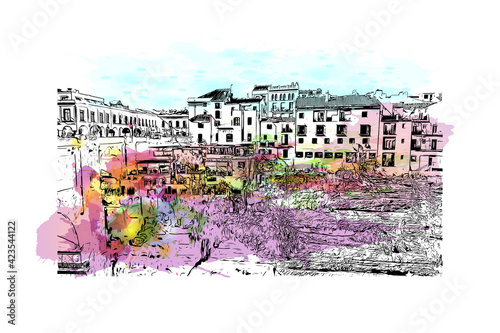 Building view with landmark of Ronda is a mountaintop city in Spain. Watercolour splash with hand drawn sketch illustration in vector.