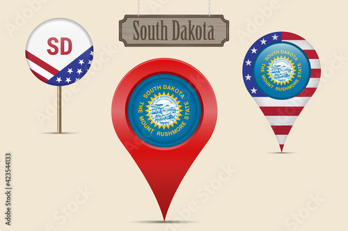 South Dakota US state round flag. Map pin, red map marker, location pointer. Hanging wood sign. Vector illustration