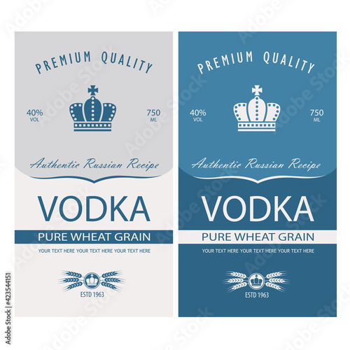 collection of vodka labels with royal crown and ears of wheat in retro style