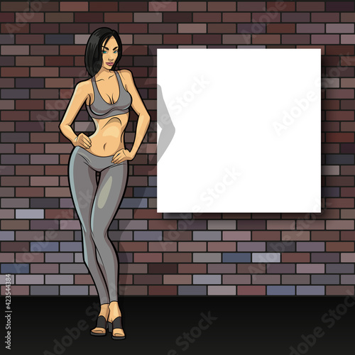 Slim girl on the background of an empty banner. Sexy woman in front of school board. Elegant lady on the background of pure advertising poster