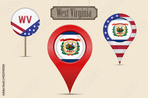 West Virginia US state round flag. Map pin, red map marker, location pointer. Hanging wood sign. Vector illustration