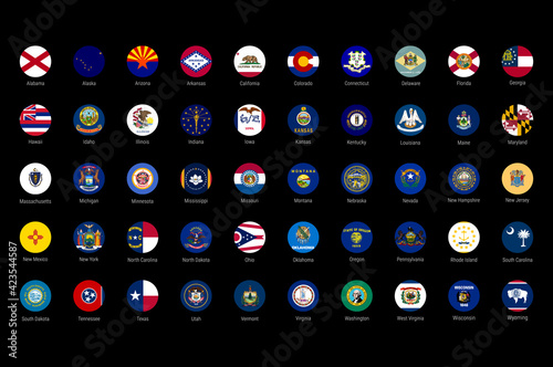 USA American states all flags in alphabetical order. Round circle vector flag buttons