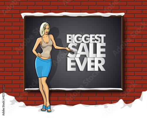 Slim girl on the background "Biggest sale ever" banner. Sexy woman in front of school board banner. Elegant lady on the background sale advertising poster. Advertising discount sale poster