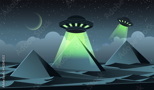 Cartoon version design of UFO fly over Pyramids in egypt