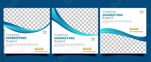 Business social media promotion banner template. White background with abstract blue shape and line. Vector design with place for the photo. Perfect for social media post, flyer, banner, and website.