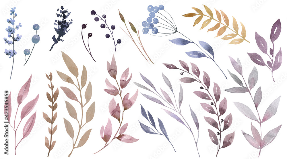 Fototapeta premium set of watercolor leaves, greenery, hand-drawn branches on a white background. For scrapbooking, stickers, diary, wedding invitations, greeting cards
