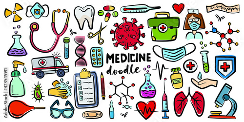 Hand drawn doodles, isolated vector objects on white background. Healthcare and medicine colored vector illustration.