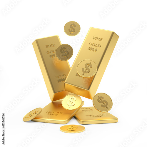 Falling gold bars and dollar coins. 3d illustration 