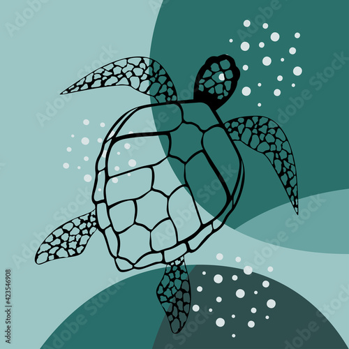 Vector image of a turtle on an abstract background. Template for prints, banners, flyers.
