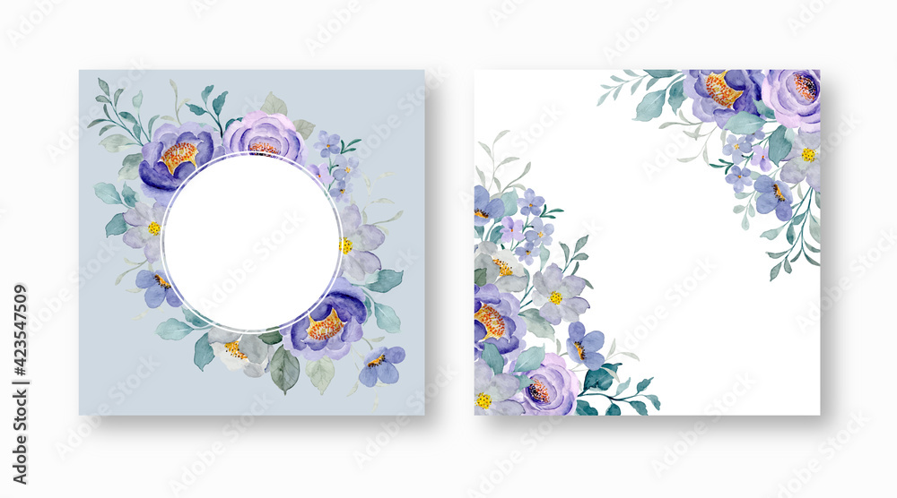 Set of purple floral frame with watercolor