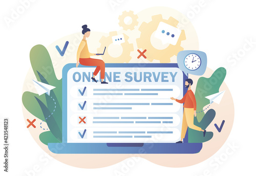 Tiny people filling online survey form on laptop. Online survey concept. Feedback service. Internet surveying, questionnaire, customers voting. Modern flat cartoon style. Vector illustration