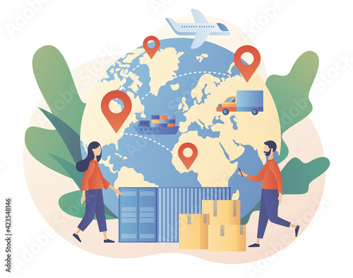 Business logistics. Global logistics network. Export, import, warehouse business, transportation. Air trucking, maritime shipping. On-time delivery. Modern flat cartoon style. Vector illustration 