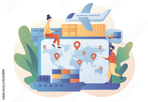 Business logistics. Global logistics network. Export, import, warehouse business, transportation. Tiny people tracks orders online. On-time delivery. Modern flat cartoon style. Vector illustration