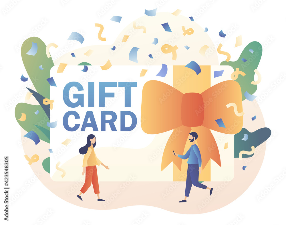 Naklejka premium Tiny people give gift certificate. Gift card, voucher or coupon. Promotion strategy concept. Sale, loyalty program, bonus, marketing. Modern flat cartoon style. Vector illustration on white background