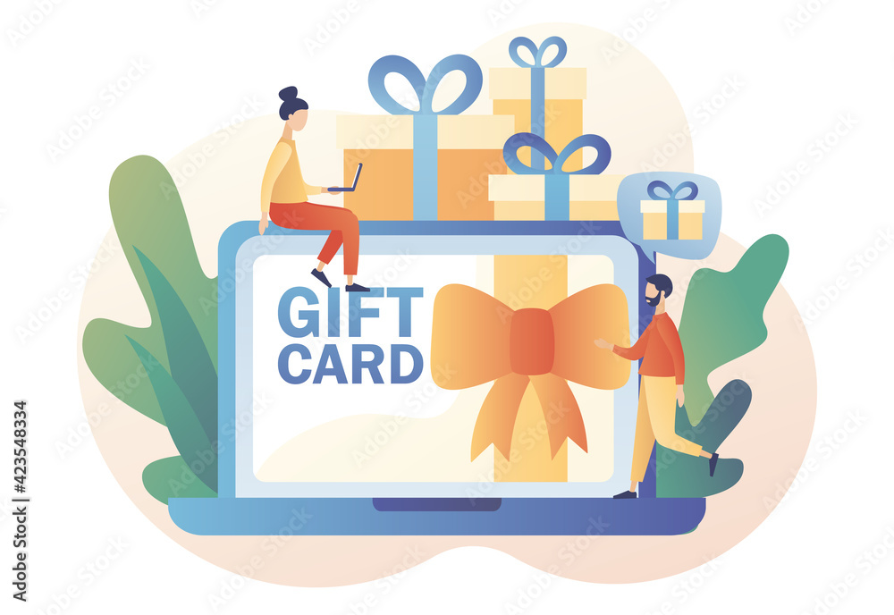 Online gift card, certificate, voucher or coupon on laptop screen. Promotion strategy concept. Tiny people and sale, loyalty program, bonus, marketing. Modern flat cartoon style. Vector illustration Online gift card, certificate, voucher or coupon on laptop screen. Promotion strategy concept. Tiny people and sale, loyalty program, bonus, marketing. Modern flat cartoon style. Vector illustration