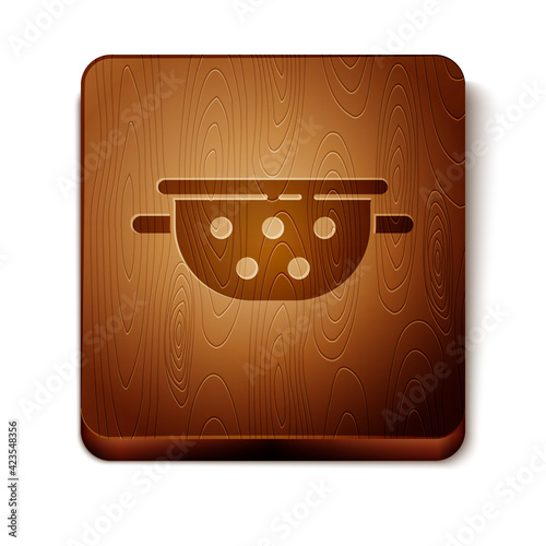 Brown Kitchen colander icon isolated on white background. Cooking utensil. Cutlery sign. Wooden square button. Vector