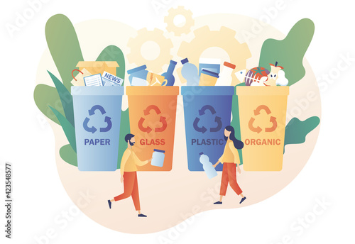 Tiny people sorting garbage waste, paper, glass, plastic, organic in containers for recycling and reuse. Recycling garbage. Zero waste concept. Modern flat cartoon style. Vector illustration 