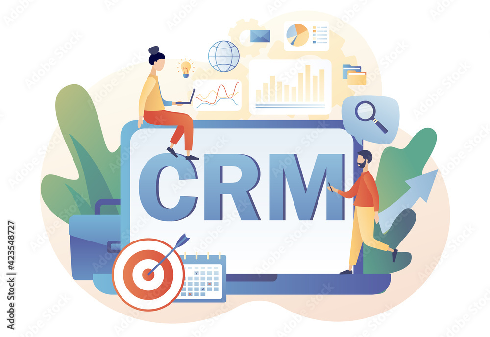 Customer relationship management concept. CRM - text on laptop screen. Business strategy. Tiny businessman perform data analysis. Modern flat cartoon style. Vector illustration on white background