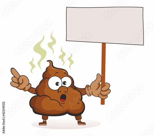 Funny Poop Cartoon Character Holding a Blank Sign.