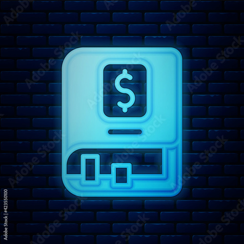 Glowing neon Financial book icon isolated on brick wall background. Vector