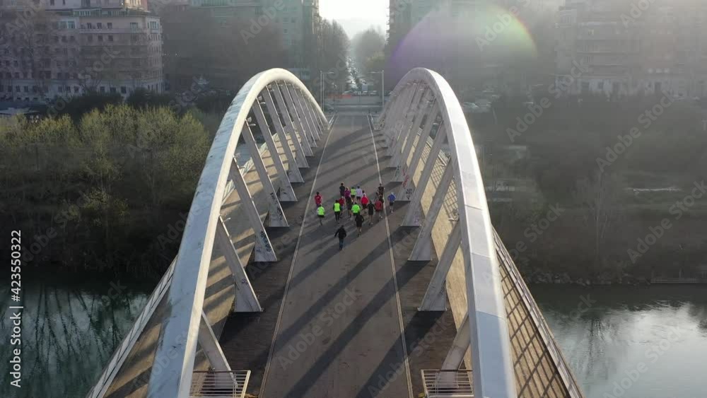Runners train for the Rome Marathon on the Ponte della Musica on the River Tiber.
Aerial shooting with drone on the streets of the city.